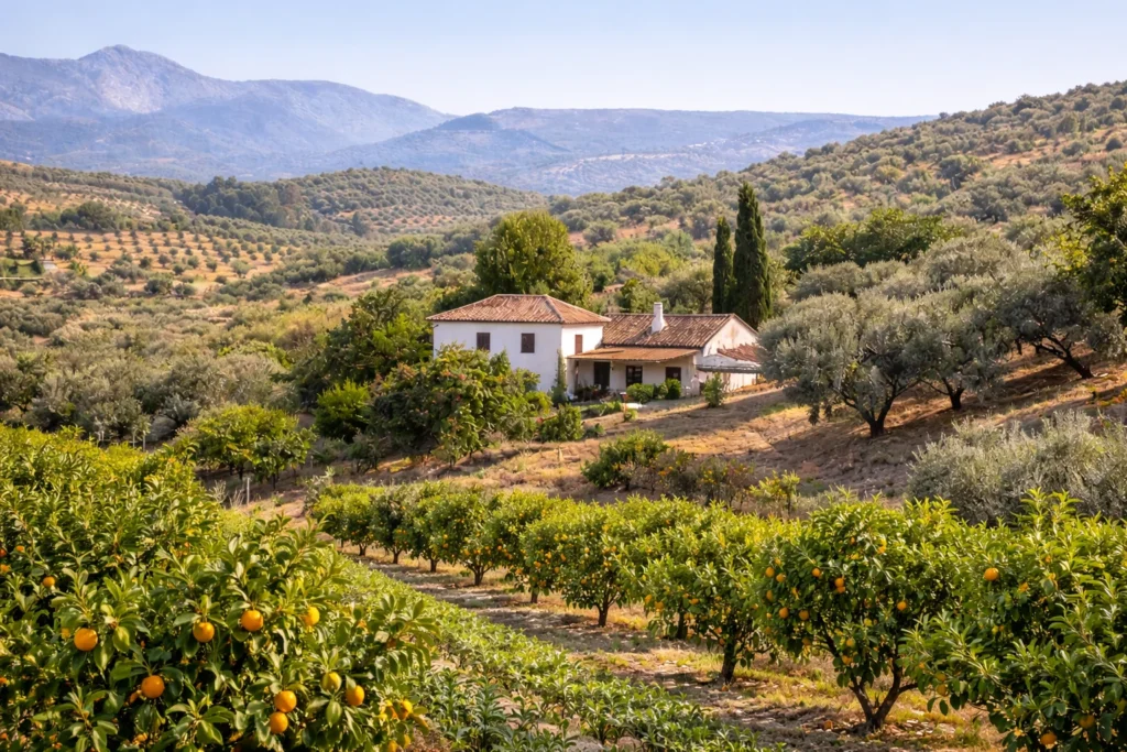 Vista de una pequeña finca ecológica en Andalucía con árboles frutales y paisaje mediterráneo.