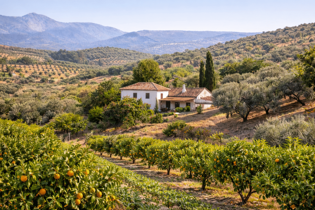 Blick auf einen kleinen Bio-Hof in Andalusien mit Obstbäumen und mediterraner