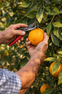 Recolección manual de naranjas en el árbol para garantizar frescura y calidad