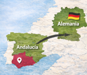 Esquema de mapa que muestra la ruta de envío por carretera desde el sur de España hasta Alemania.